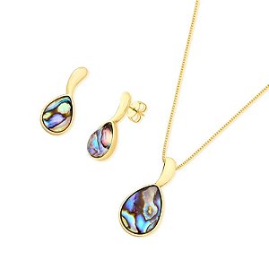 Colar e brinco gota pedra natural abalone ouro semijoia