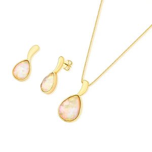 Colar e brinco gota pedra natural nautilus ouro semijoia