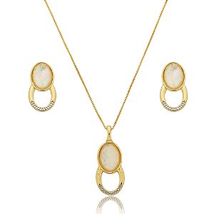 Colar e brinco oval pedra natural nautilus ouro semijoia