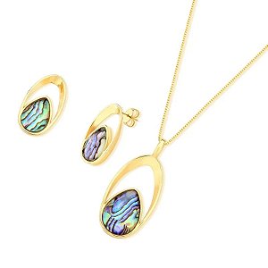 Colar e brinco gota pedra natural abalone ouro semijoia