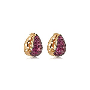 Brinco argola gota zircônia pink ouro semijoia E230904