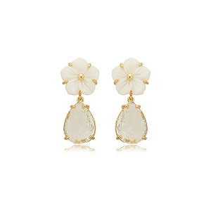 Brinco flor madrepérola gota cristal ouro semijoia BA 5837