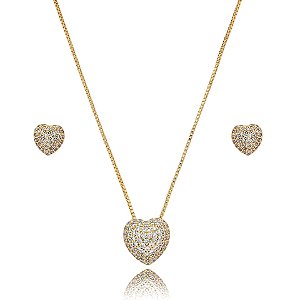 Colar e brinco coração zircônia ouro semijoia 24k04023