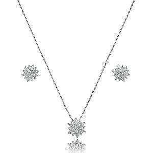 Colar e brinco flor zircônia ródio semijoia 24k03015