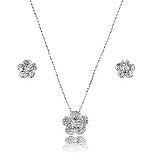 Colar e brinco flor zircônia ródio semijoia 23k12005