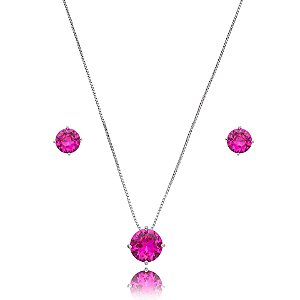 Colar e brinco redondo cristal pink ródio semijoia 3695