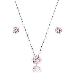 Colar e brinco redondo cristal rosa ródio semijoia 3695