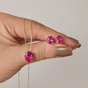 Colar e brinco oval cristal pink ouro semijoia 3697