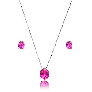Colar e brinco oval cristal pink ródio semijoia 3697