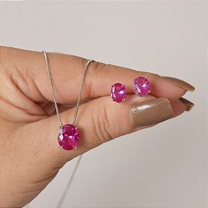 Colar e brinco oval cristal pink ródio semijoia 3697