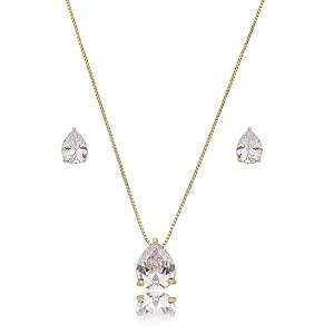 Colar e brinco gota cristal ouro semijoia 3696