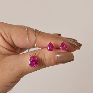Colar e brinco gota cristal pink ródio semijoia 3696