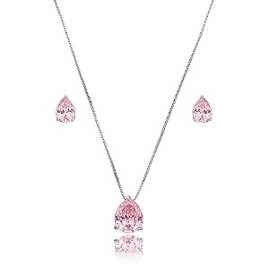 Colar e brinco gota cristal rosa ródio semijoia 3696