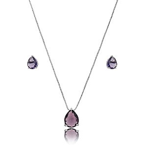 Colar e brinco gota cristal roxo ródio semijoia 3696