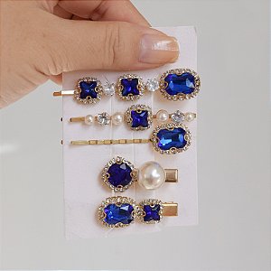 Kit presilhas cristais azul royal pérola metal dourado