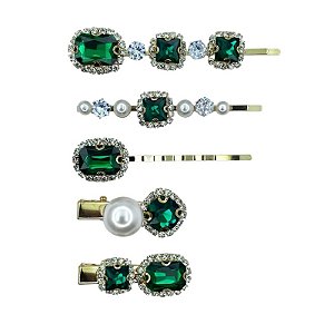 Kit presilhas cristais verde pérola metal dourado