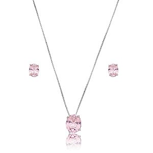 Colar e brinco oval cristal rosa ródio semijoia 3697