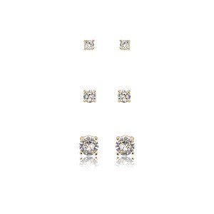 Kit 3 brincos ponto de luz zircônias ouro semijoia 24k04003