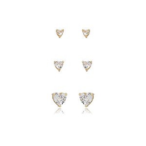 Kit 3 brincos coração zircônias ouro semijoia 24k04004