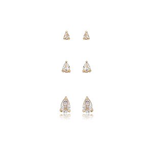 Kit 3 brincos gota zircônia ouro semijoia 24k04005