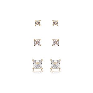 Kit 3 brincos quadrado zircônia ouro semijoia 24k04001