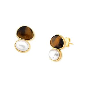 Brinco pedra natural olho de tigre e pérola shell ouro semijoia