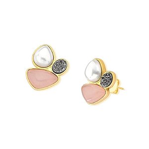 Brinco geométrico pedras naturais quartzo rosa titânio e pérola shell ouro semijoia