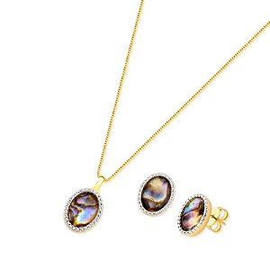 Colar e brinco oval pedra natural abalone ouro semijoia