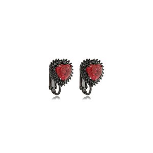 Brinco pressão coração cristal vermelho ródio negro semijoia 596009544