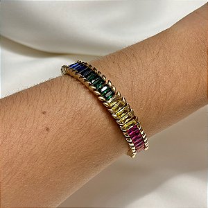 Pulseira zircônia colorida baguete ouro semijoia PU 935