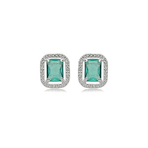 Brinco retangular zircônia cristal verde turmalina prata 925 6093305