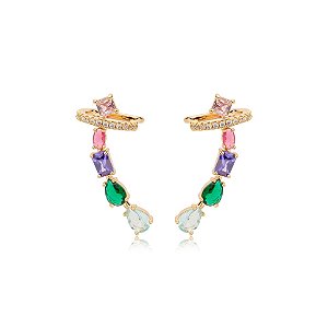 Brinco ear cuff zircônias coloridas ouro semijoia E10186