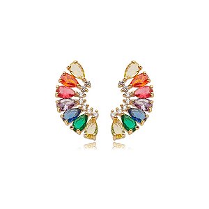 Brinco ear cuff gotinhas zircônias coloridas ouro semijoia E2577
