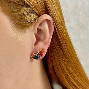 Brinco ear cuff gotinhas zircônias coloridas ouro semijoia E2577