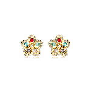Brinco flor zircônias coloridas ouro semijoia