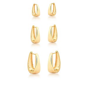 Kit 3 brincos argolinhas gota lisa ouro semijoia