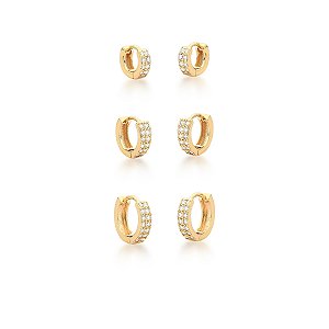 Kit 3 brincos argolinhas retas zircônia ouro semijoia