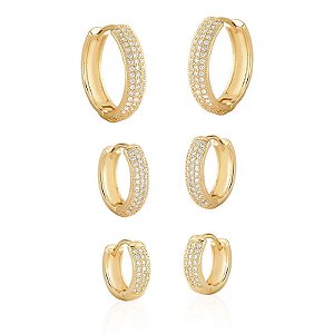 Kit 3 brincos argolinhas zircônia ouro semijoia