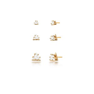 Kit 3 brincos triangulares cristais ouro semijoia