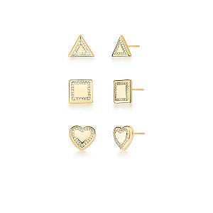 Kit 3 brincos coração quadrado e triângulo zircônias ouro semijoia