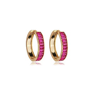 Brinco argolinha cristal pink baguete ouro semijoia E230825