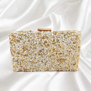 Bolsa Clutch de Festa Retangular com Pedrarias Marfim e Alça Dourada