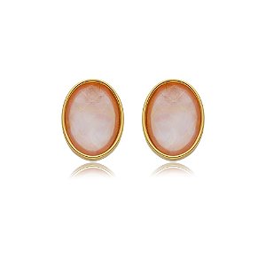 Brinco oval pedra natural madrepérola rosa p ouro semijoia