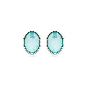 Brinco oval pedra natural madrepérola azul g ródio semijoia