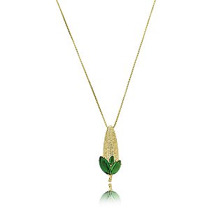 Colar milho cristais verdes ouro semijoia