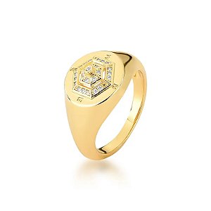 Anel hexágono zircônia ouro semijoia