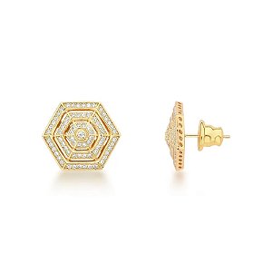 Brinco hexágono zircônia ouro semijoia