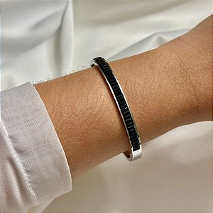 Bracelete zircônias baguetes preto aço inoxidável