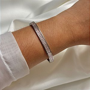 Bracelete zircônias baguetes rosa aço inoxidável