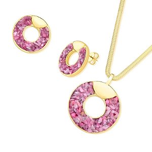 Colar e brinco rodonita rosa ouro semijoia